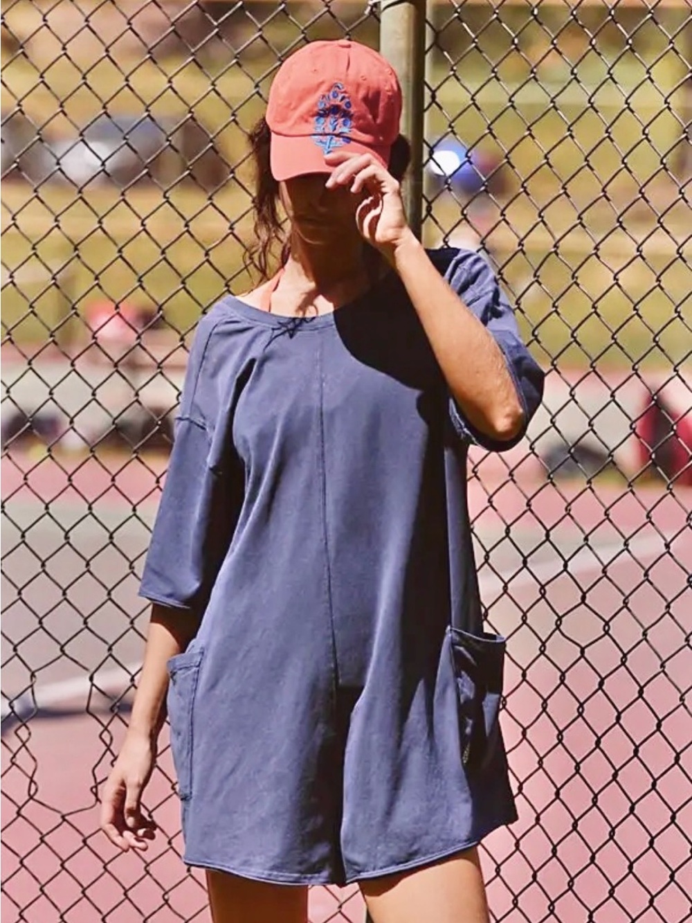 NEW Free People x FP Movement Hot Shot Tee Romper in Blue Indigo